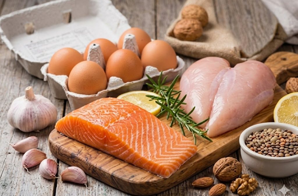 proteina saludable de salmon huevo y pollo