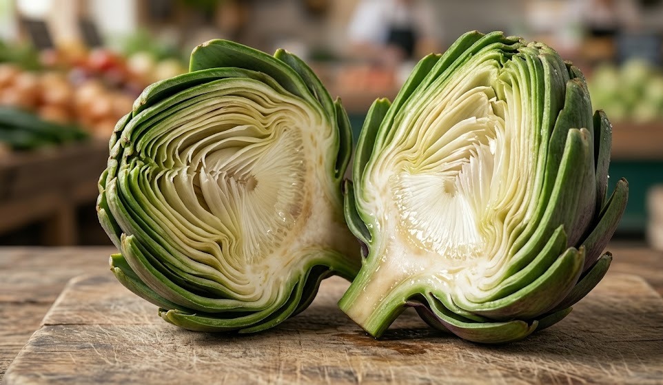 Primer plano de una alcachofa de Tudela fresca cortada por la mitad, mostrando un corazón tierno, denso y jugoso sobre madera rústica.