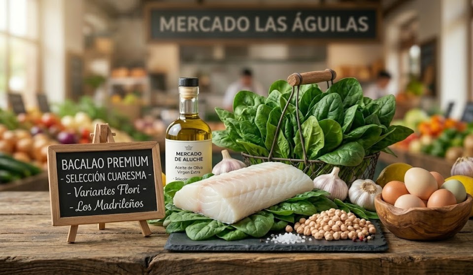 Una cuidada selección de ingredientes frescos de Cuaresma para comprar online en el Mercado Las Águilas (Aluche), que incluye un filete de bacalao premium en una pizarra con espinacas frescas, garbanzos, ajo, huevos y aceite de oliva virgen extra, con un cartel para Variantes Flori y Los Madrileños.