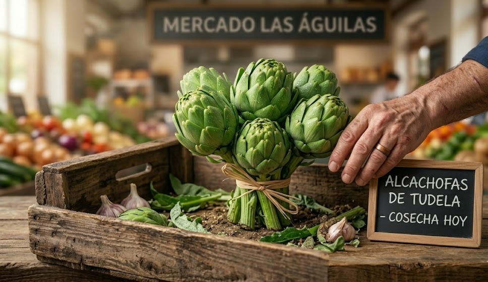 Manojo de alcachofas de Tudela frescas en caja de madera rústica con cartel de cosecha del día en el Mercado Las Águilas de Aluche