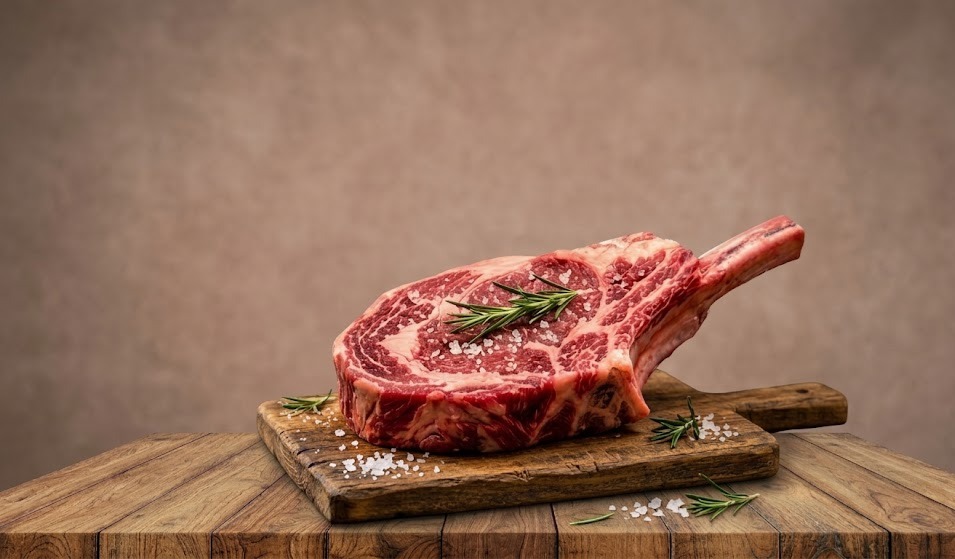 Chuletón de ternera de pasto espectacular con sal gorda y romero fresco.