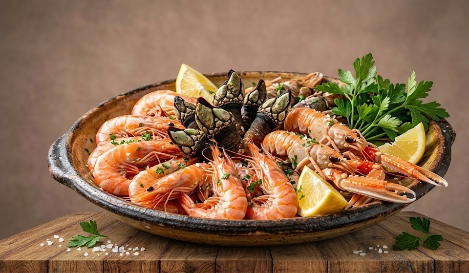 Fuente de mariscada fresca Día del Padre con gambas blancas, percebes y cigalas.